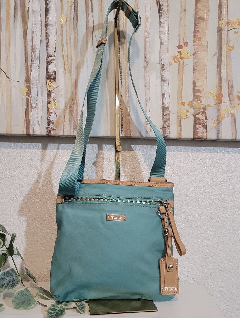 Tumi Teal Nylon Crossbody with Tan Leather Trim